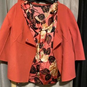 Stylish Peachy Orange Jacket, Skirt & Blouse